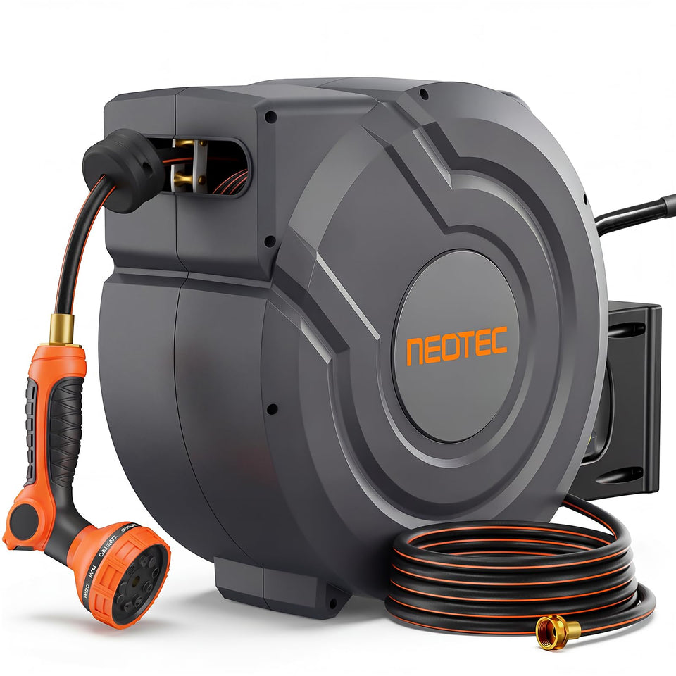 NEOTEC retractable hose reel, 150 ft reach, for easy yard watering and tidy storage