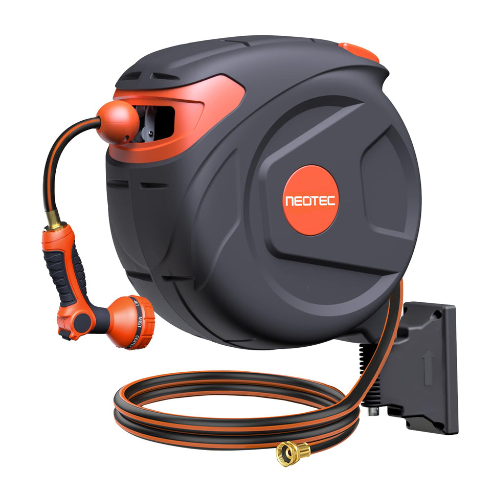 NEOTEC retractable hose reel 65ft assembly enables easy storage and smooth rewinding.