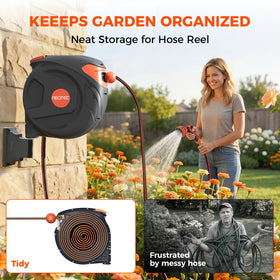 NEOTEC retractable hose reel 65ft nozzle enables versatile watering patterns.