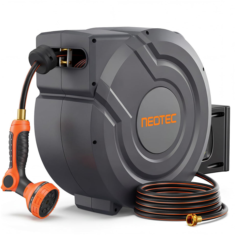 NEOTEC retractable hose reel wall mount with 90 ft reach for efficient outdoor watering