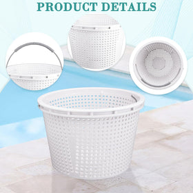 Neowah pool skimmer basket with brass weight enhances debris capacity and stability.