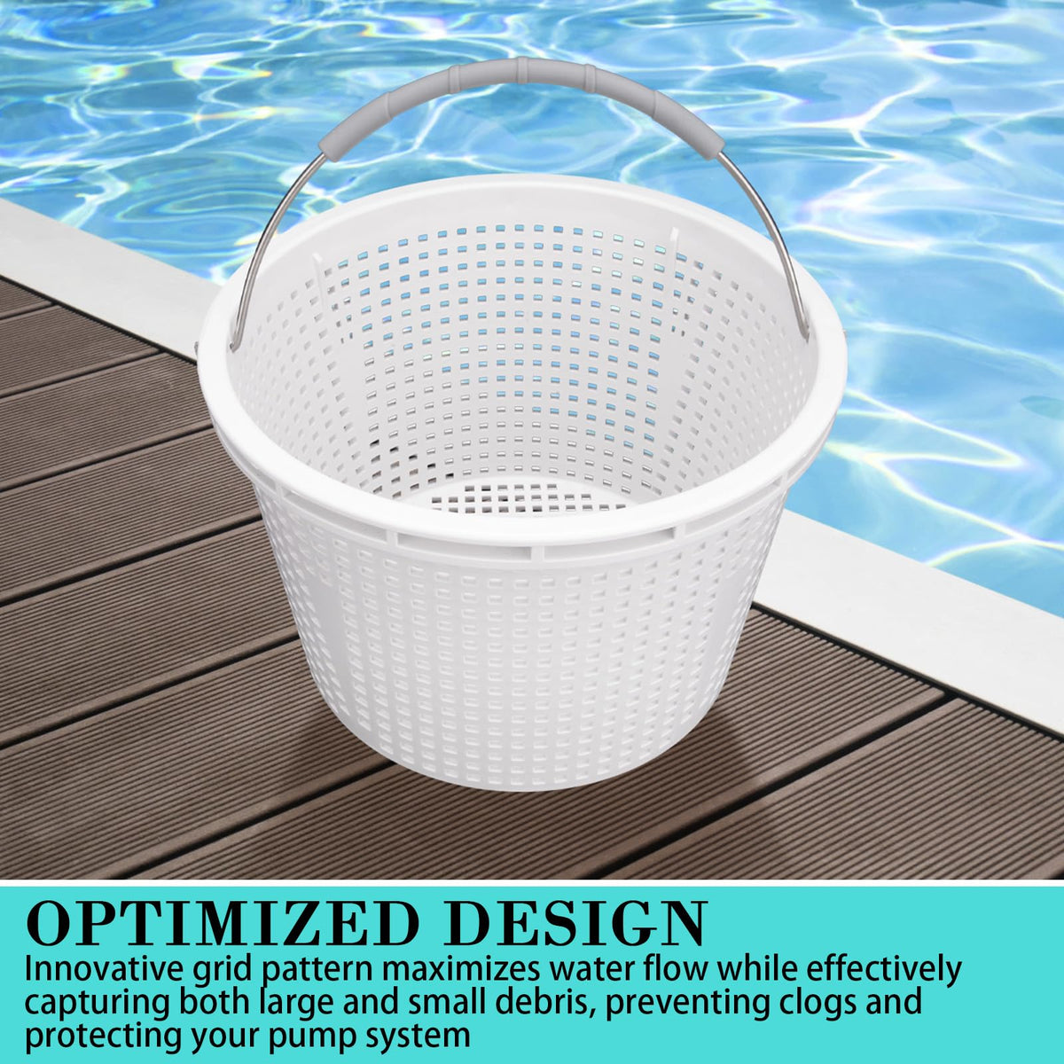 Neowah skimmer basket with ergonomic grip handle for easy removal.