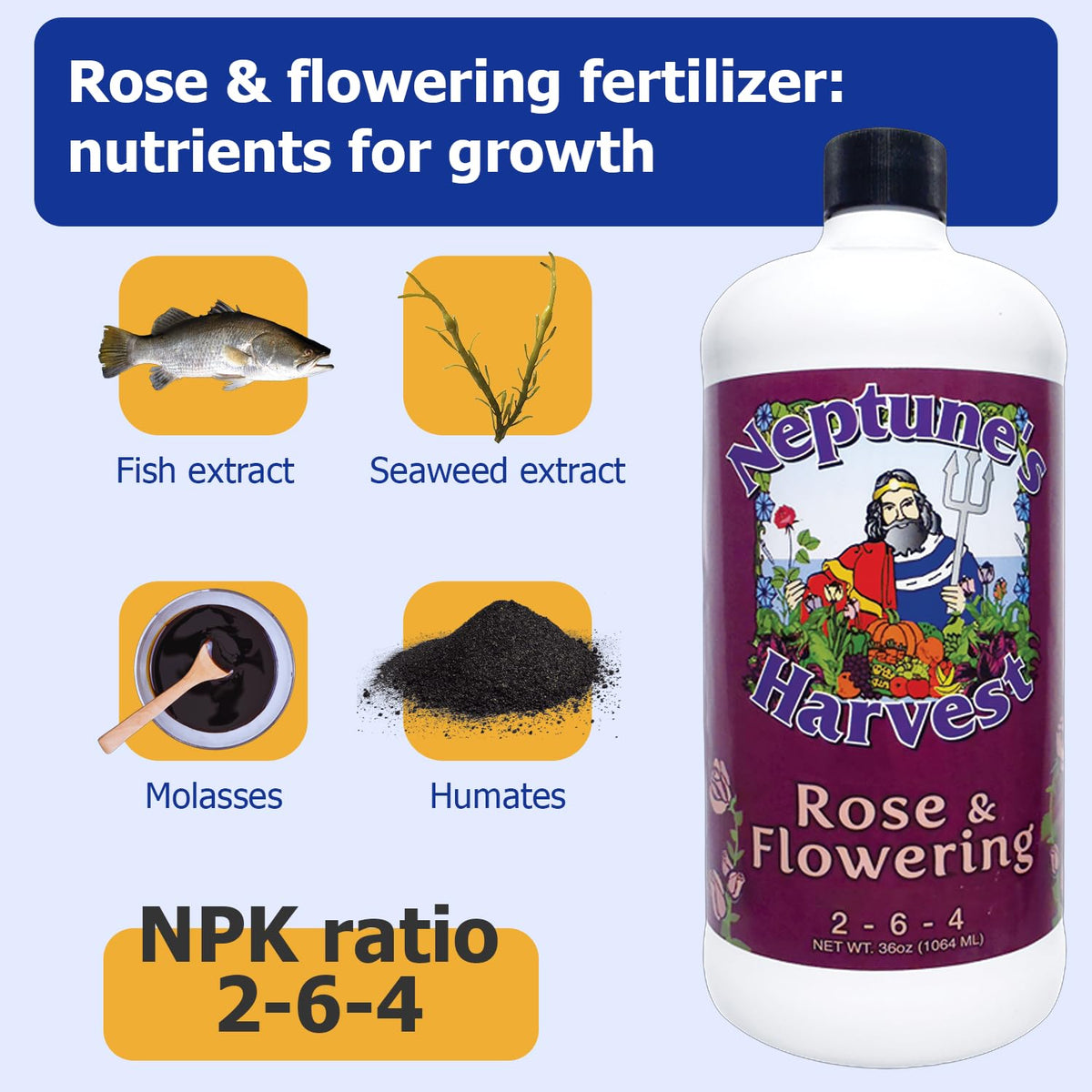 Neptune's Harvest bottle 36oz label clearly displaying organic fertilizer nutrients and guidance.