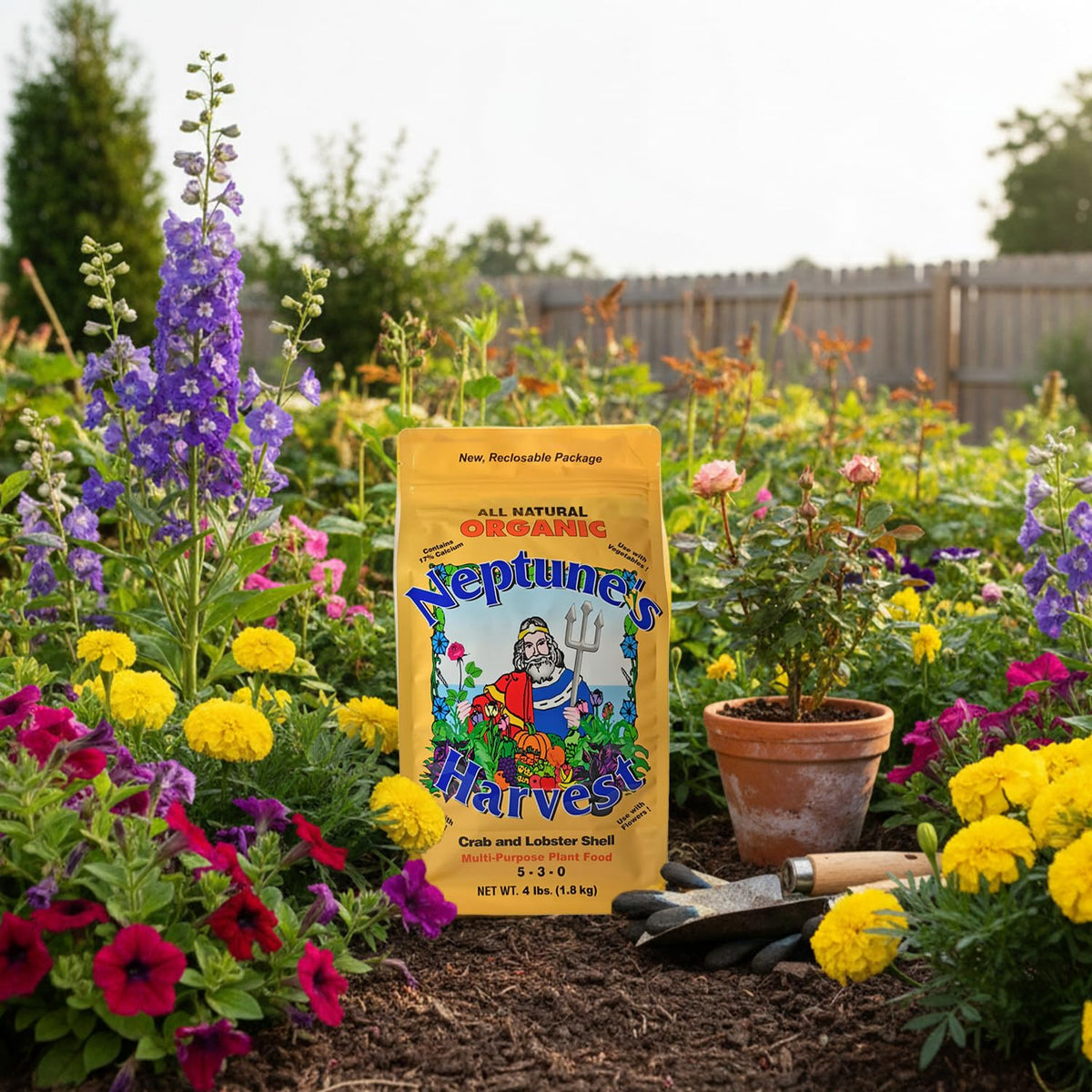 Neptune’s Harvest 4 lb pack provides long-term soil nutrition for gardens