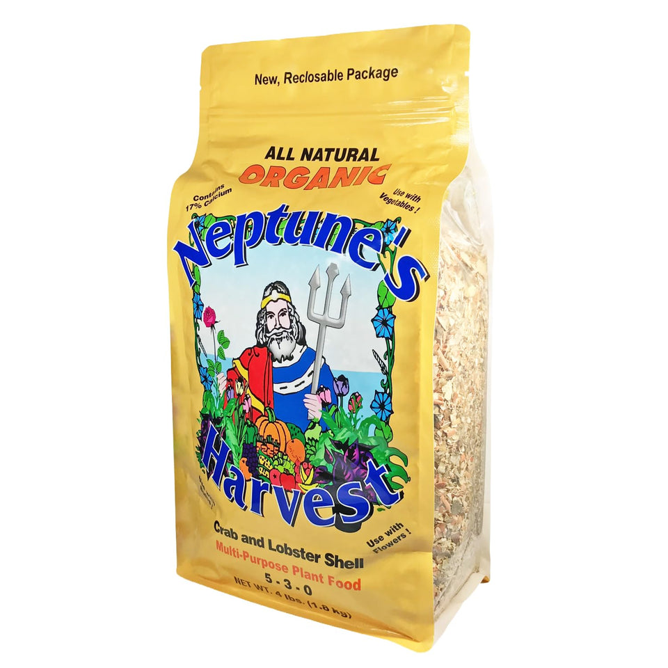 Neptune’s Harvest crab and lobster shell plant food bag boosts calcium-rich soil nutrition