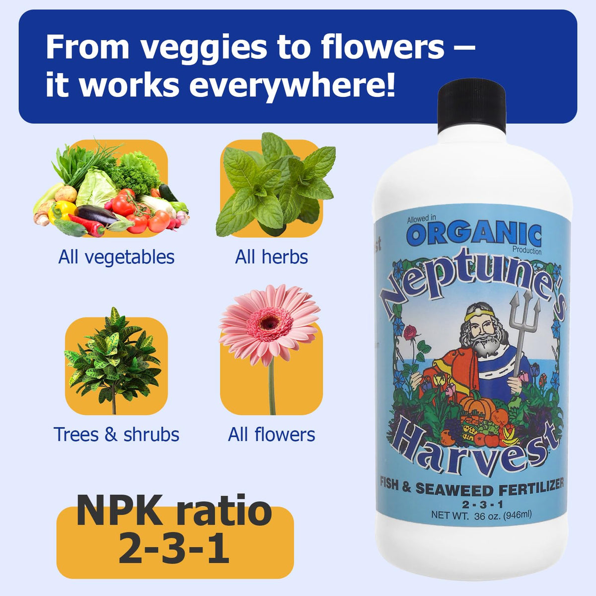Neptune's Harvest shows mixing in water for easy soil drench and feed.