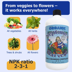 Neptune's Harvest shows mixing in water for easy soil drench and feed.