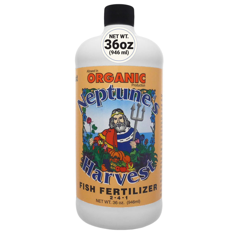 Neptune's Harvest Fish Fertilizer bottle pouring for easy lawn feeding