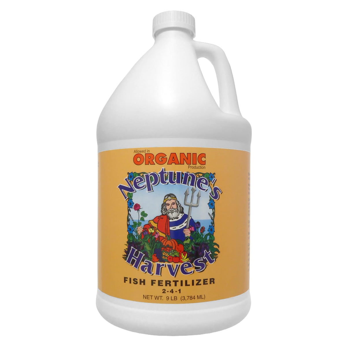 Neptune's Harvest fish fertilizer bottle pour illustrates easy outdoor application for healthier vegetables.