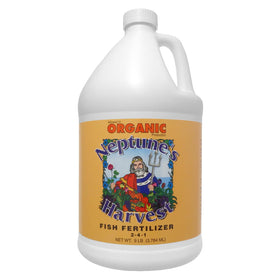 Neptune's Harvest fish fertilizer bottle pour illustrates easy outdoor application for healthier vegetables.