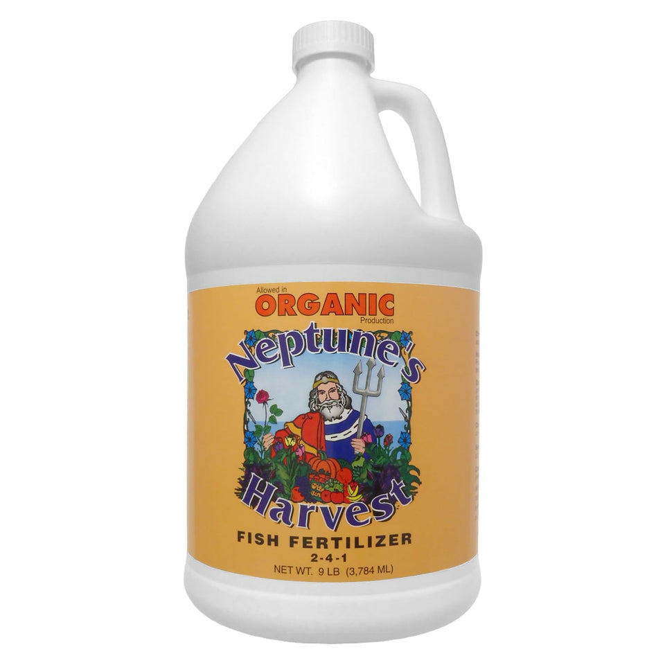 Neptune's Harvest fish fertilizer bottle pour illustrates easy outdoor application for healthier vegetables.