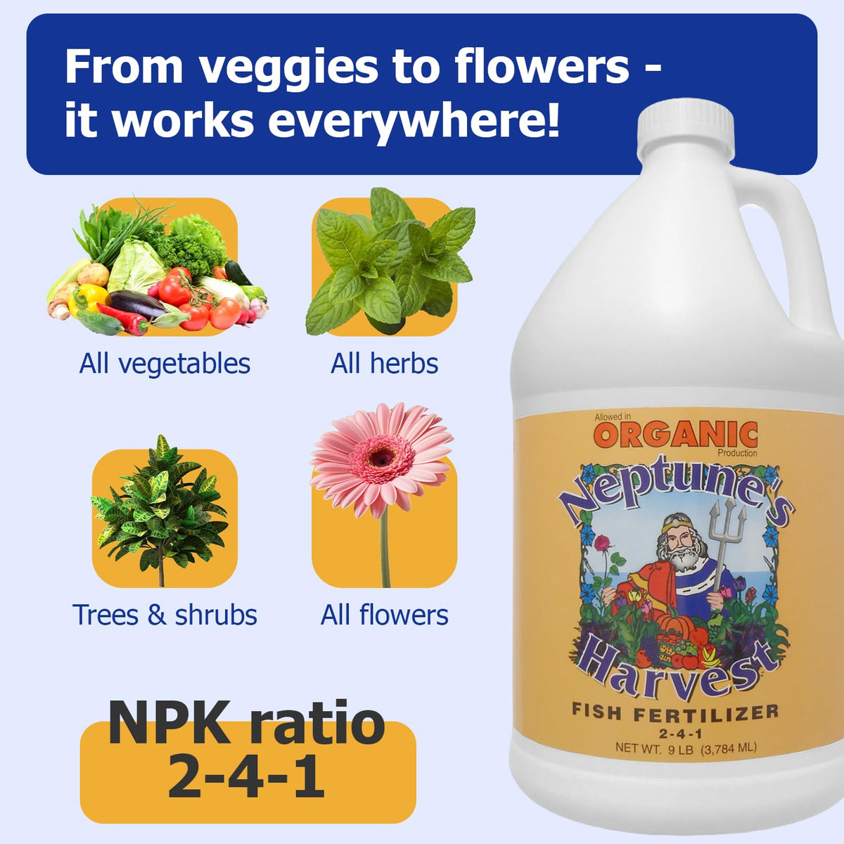 Neptune's Harvest fertilizer spray supports foliar feeding for faster nutrient uptake.