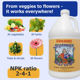 Neptune's Harvest fertilizer spray supports foliar feeding for faster nutrient uptake.