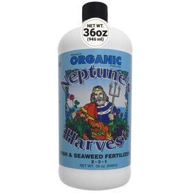 Neptune's Harvest Fish & Seaweed liquid fertilizer bottle pour for steady garden feeding.