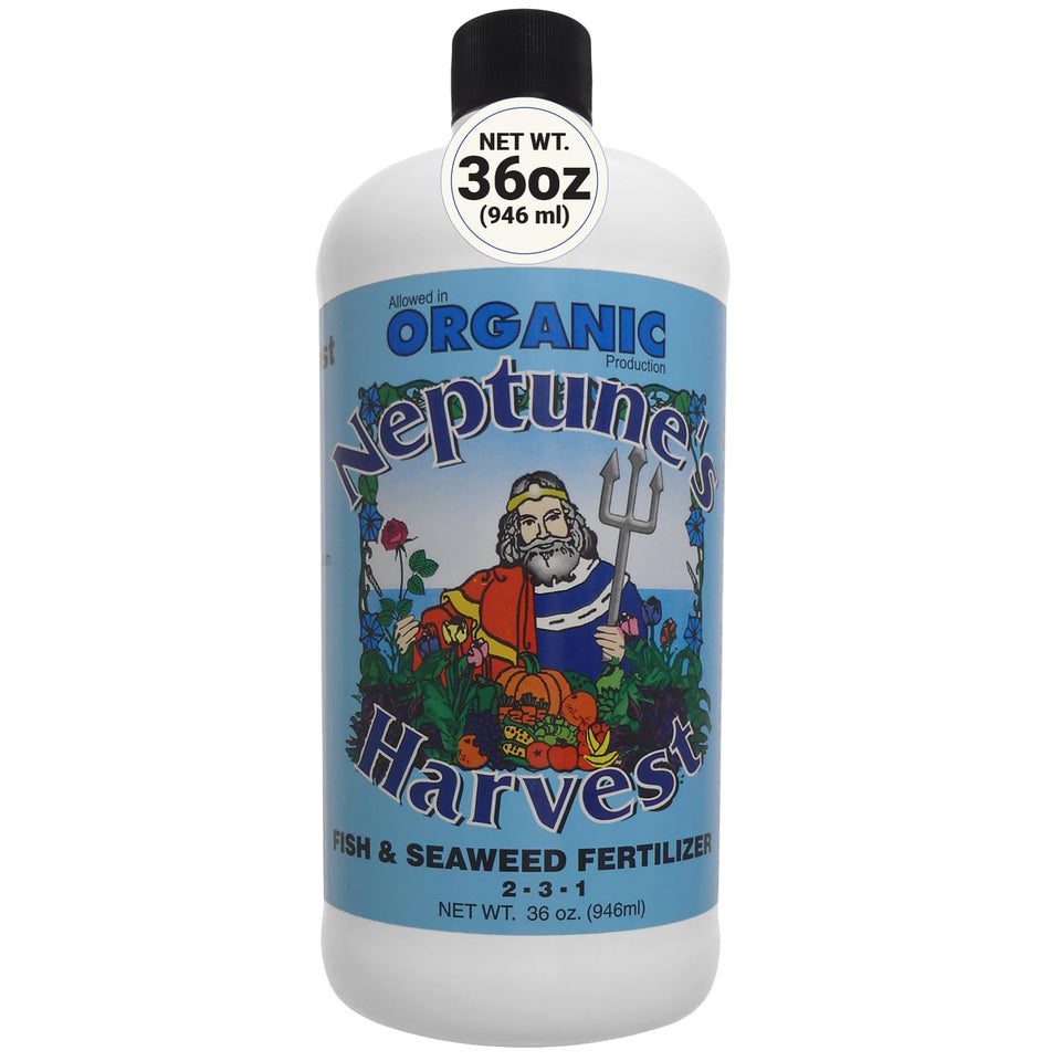 Neptune's Harvest liquid fertilizer bottle ready for organic garden feeding.