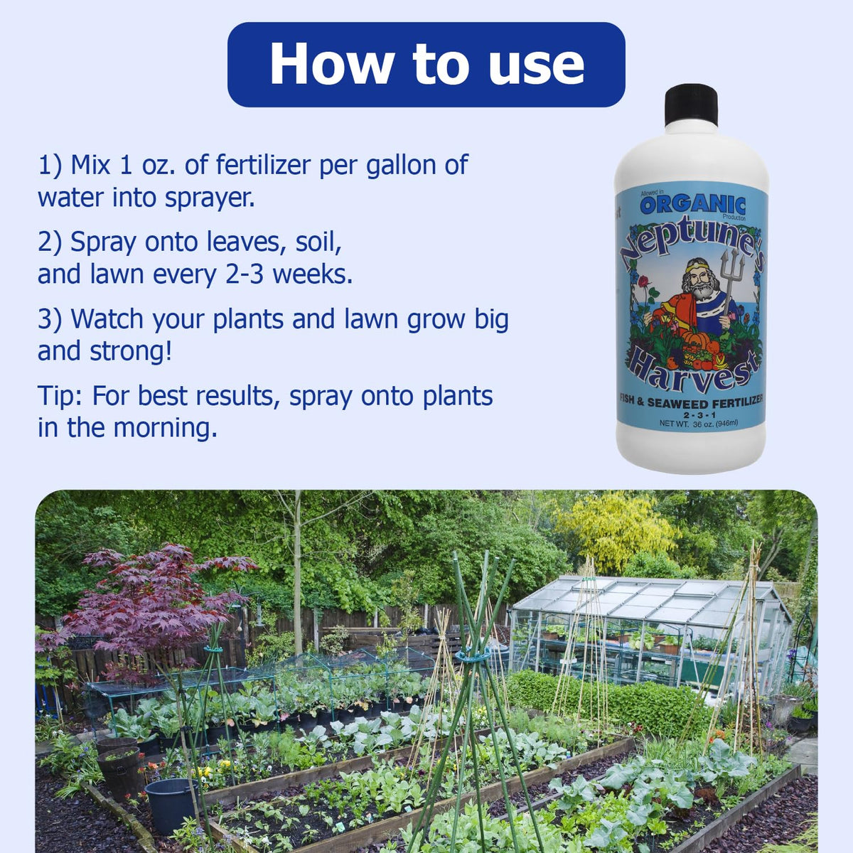 Neptune's Harvest indoor plant application nourishes houseplants with plant-ready nutrients.