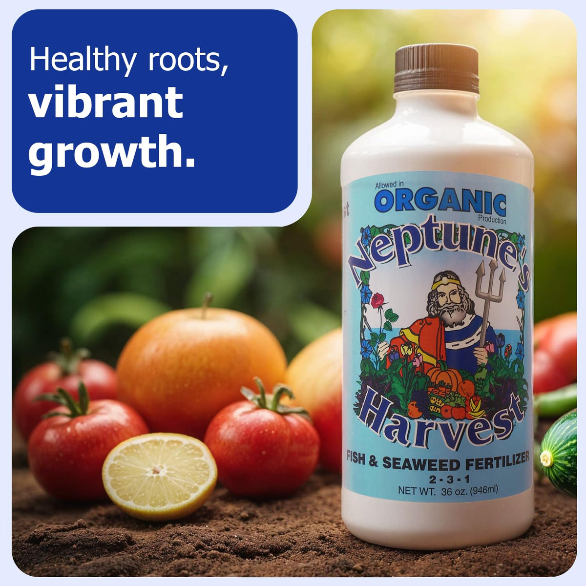 Neptune's Harvest label notes OMRI-listed organic fertilizer for safe gardening.