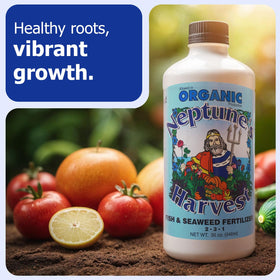 Neptune's Harvest label notes OMRI-listed organic fertilizer for safe gardening.