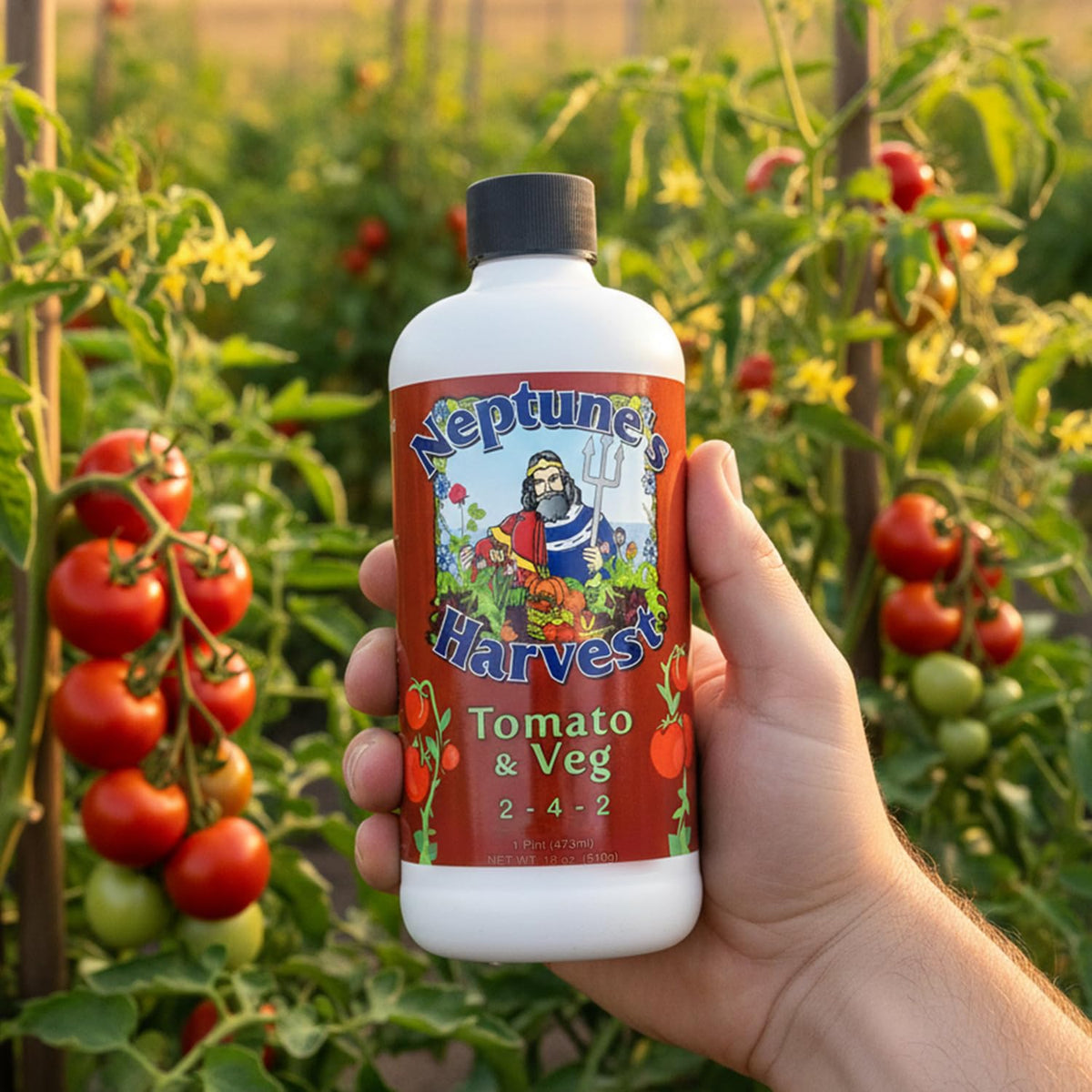 Pint-sized Neptune's Harvest container shown for outdoor and indoor plant feeding