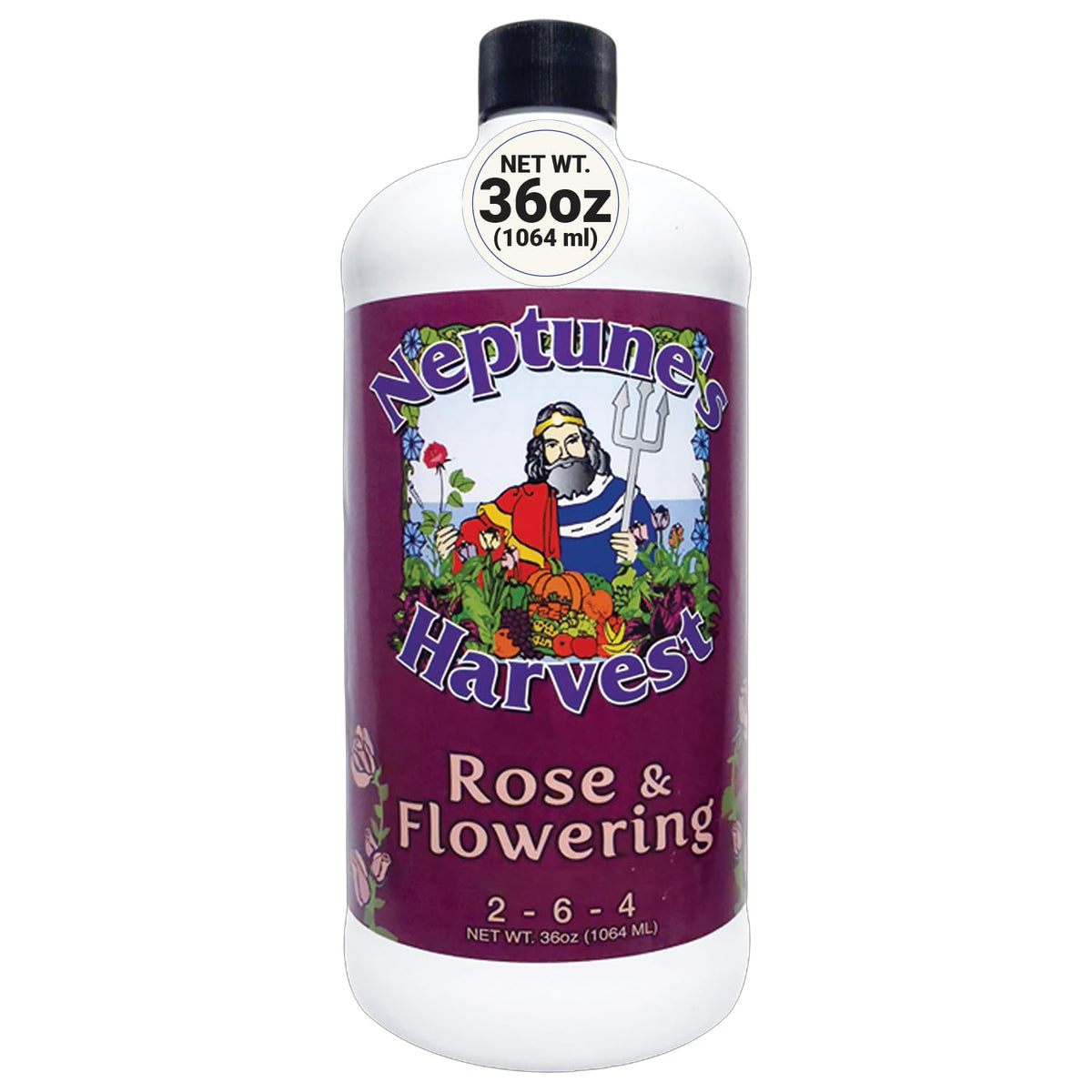 Neptune's Harvest Rose & Flowering Fertilizer bottle showing vibrant blooms and healthy roots.