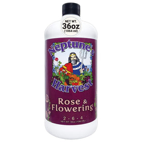 Neptune's Harvest Rose & Flowering Fertilizer bottle showing vibrant blooms and healthy roots.