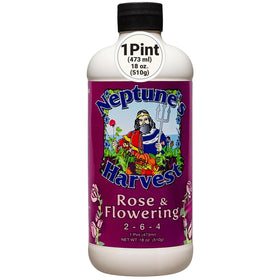 Neptune's Harvest Rose & Flowering Fertilizer bottle pouring for indoor and outdoor blooms.