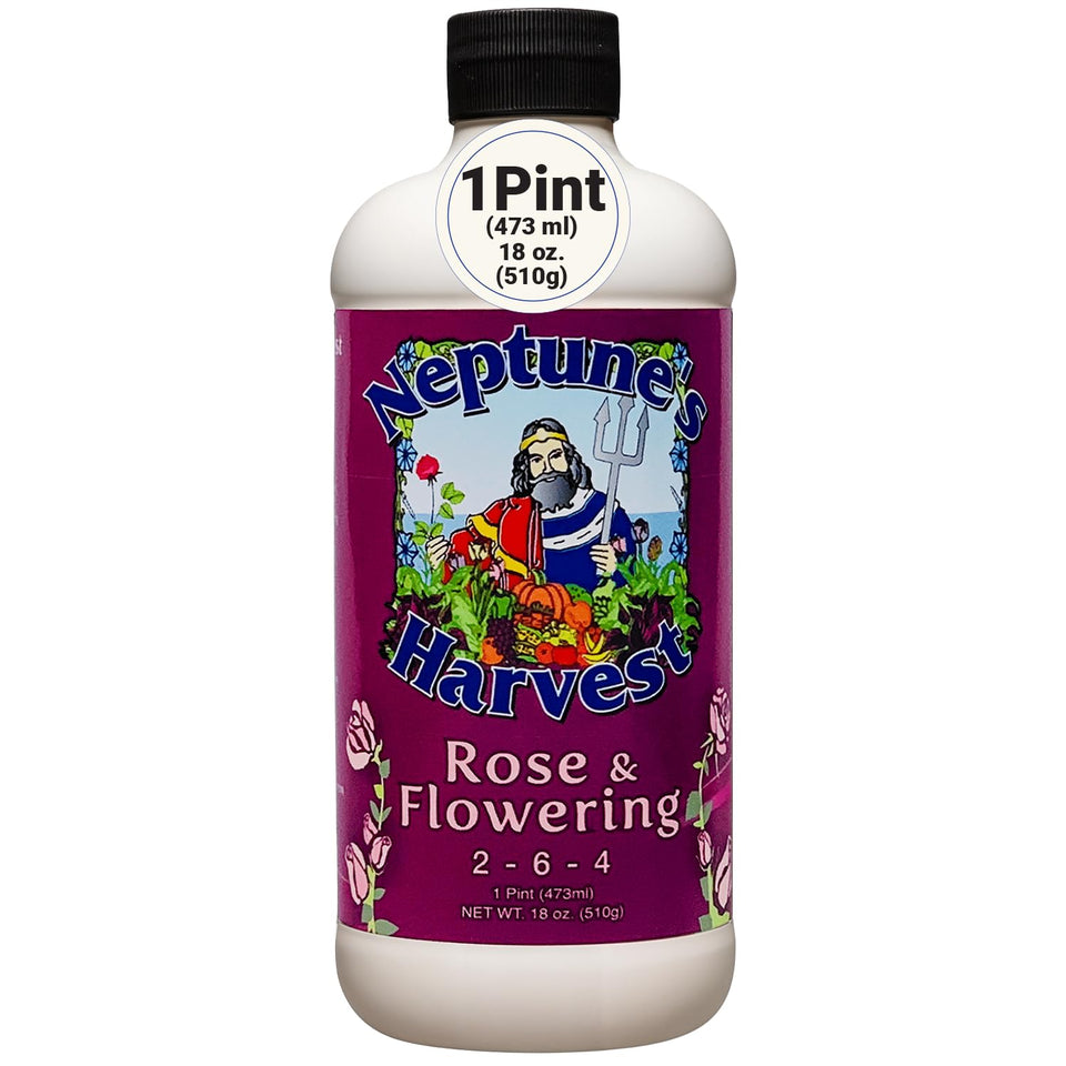 Neptune's Harvest Rose & Flowering Fertilizer bottle pouring for indoor and outdoor blooms.