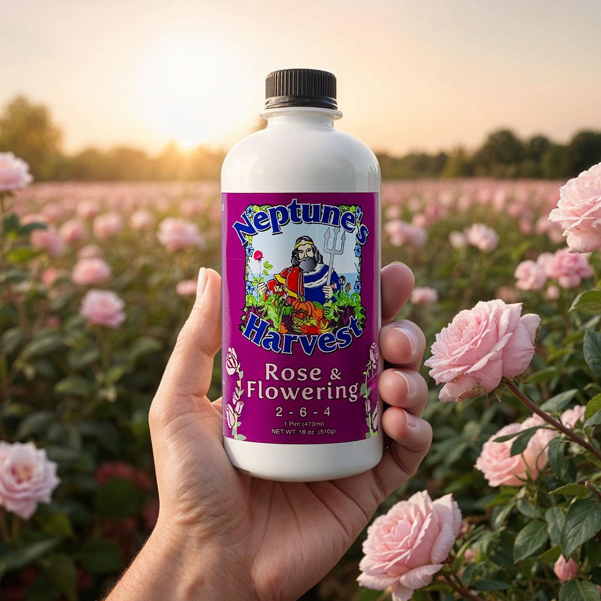 Neptune's Harvest Rose & Flowering Fertilizer organic ingredients panel on label.