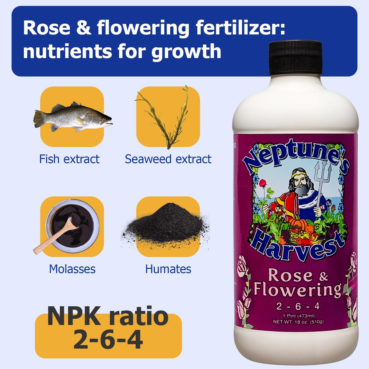 Neptune's Harvest Rose & Flowering Fertilizer label close-up with 2-6-4 formula.