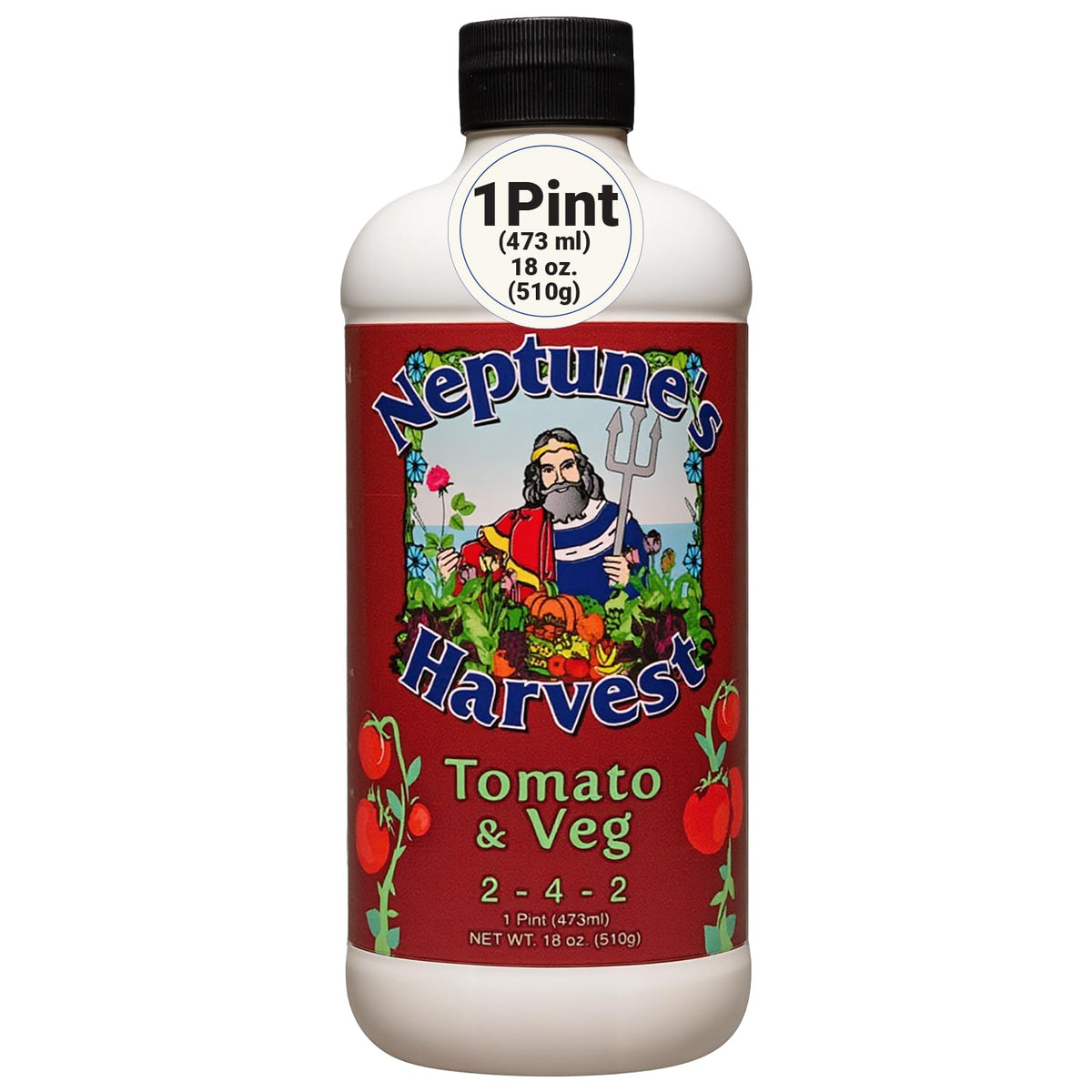 Neptune's Harvest tomato and vegetable fertilizer bottle shown for garden growth and yield potential