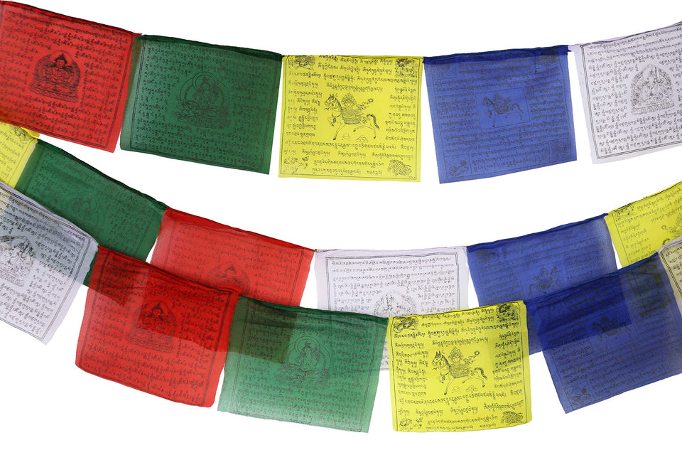 Nervana Tibetan prayer flag roll with 25 flags ready for outdoor display and blessings.