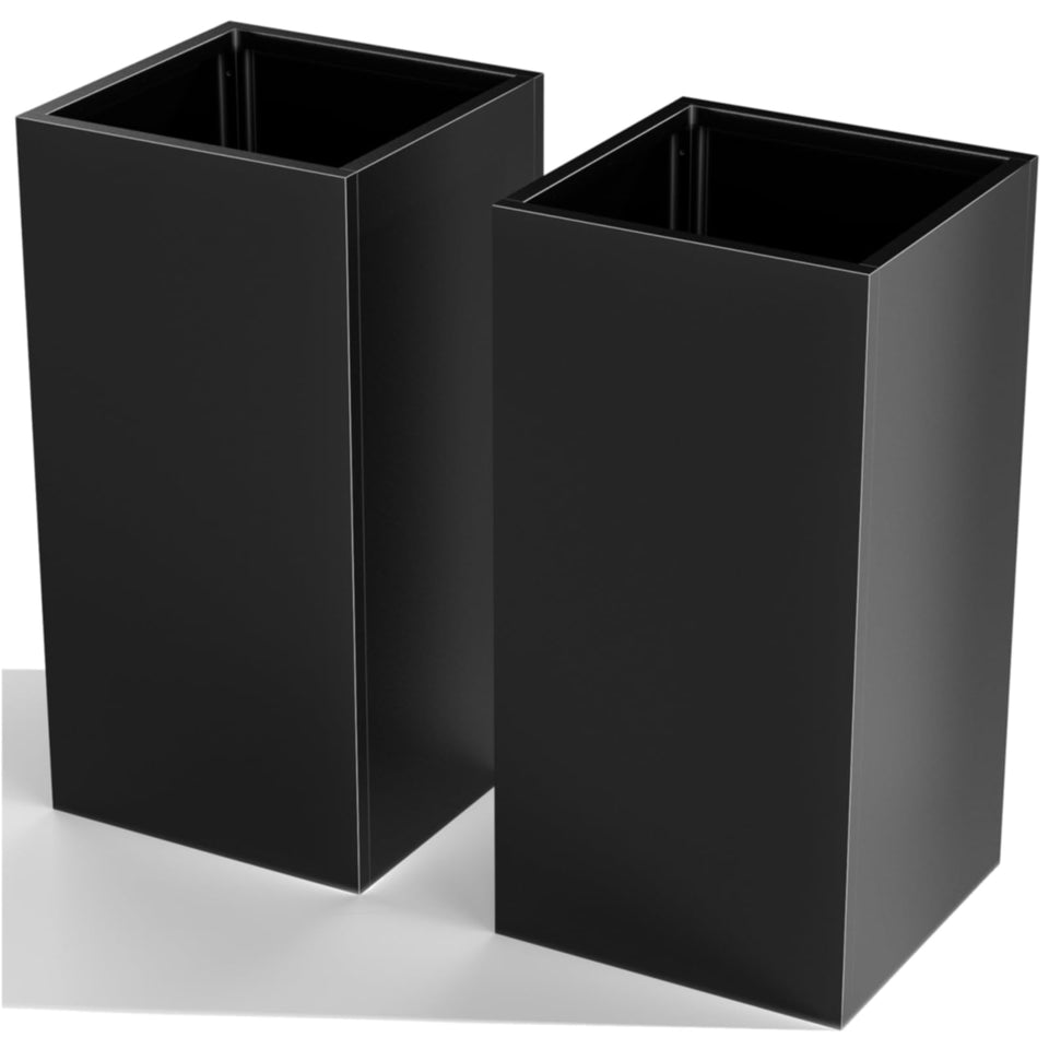 Nessxa tall metal planter box in black for outdoor use on porch and patio.