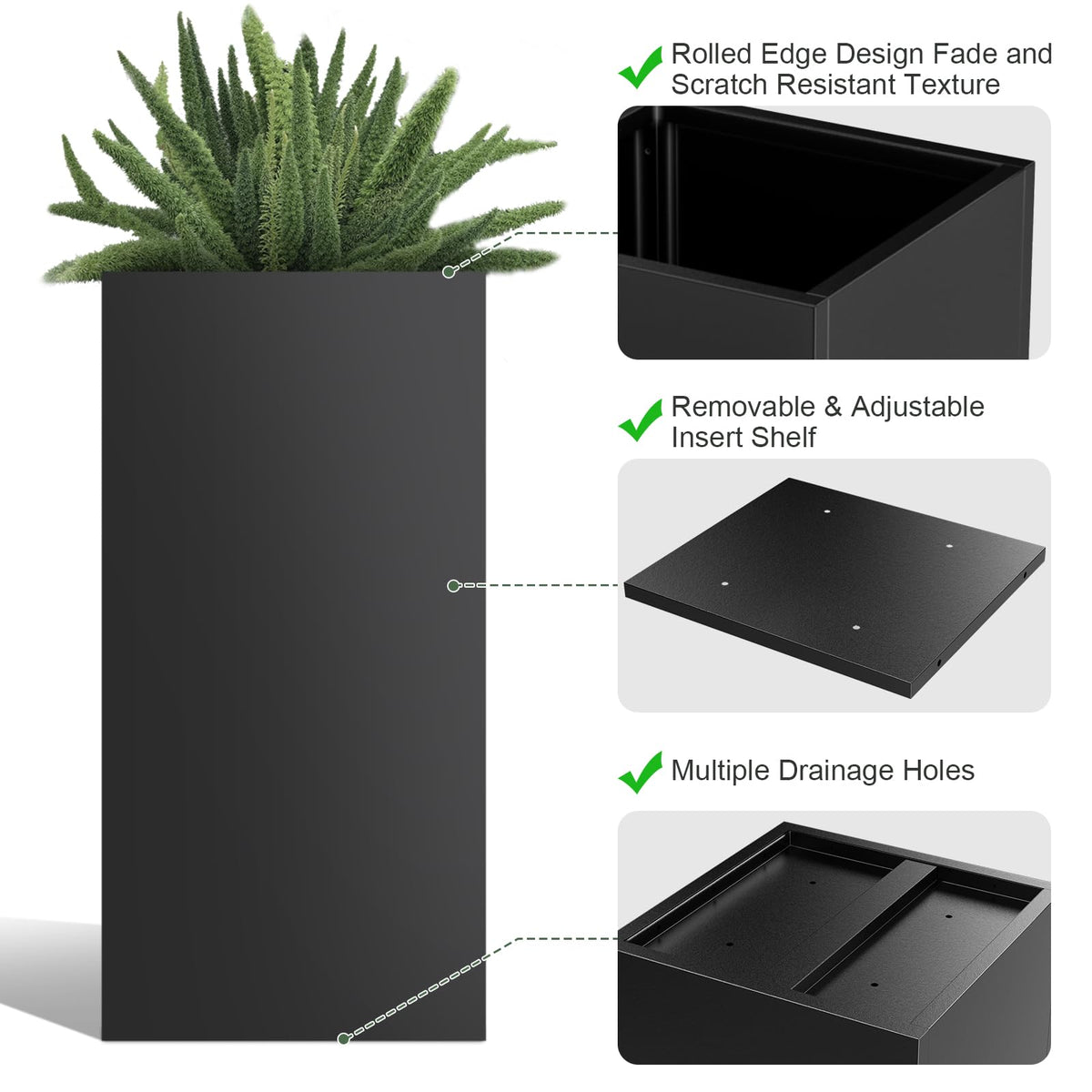 Nessxa planter box with drainage system to prevent excess water buildup.