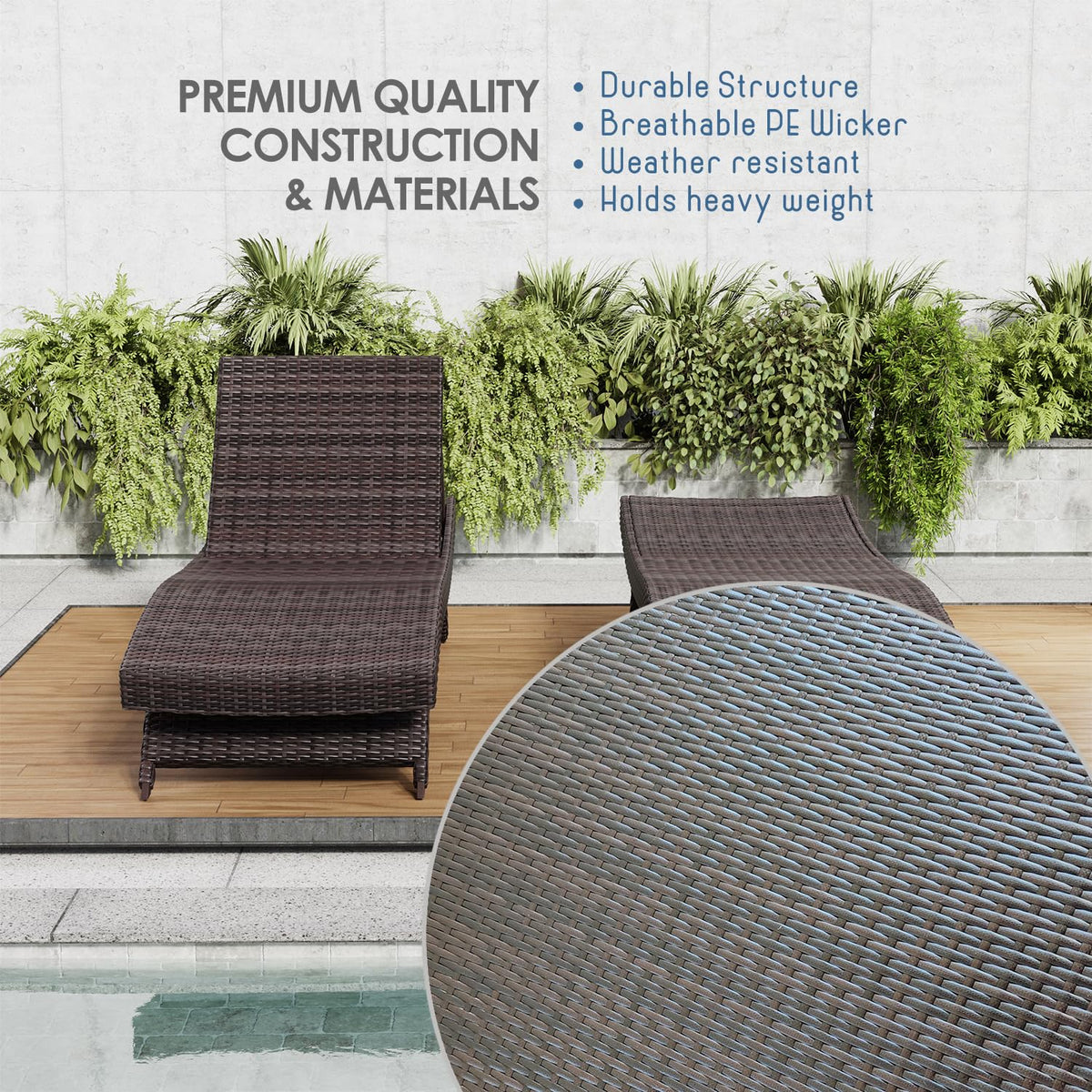 Nestl outdoor chaise lounges complement deck and pool areas with sleek PE wicker.