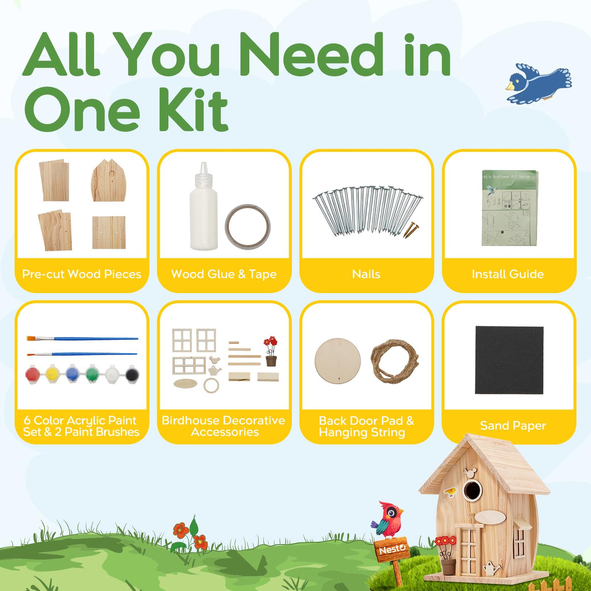 NESTO bird house kit being painted, a creative garden décor activity.