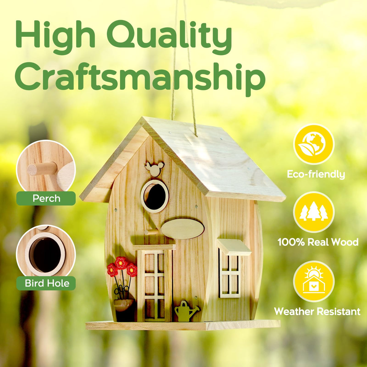 NESTO outdoor bird house hanging in a sunlit garden, great for attracting songbirds.