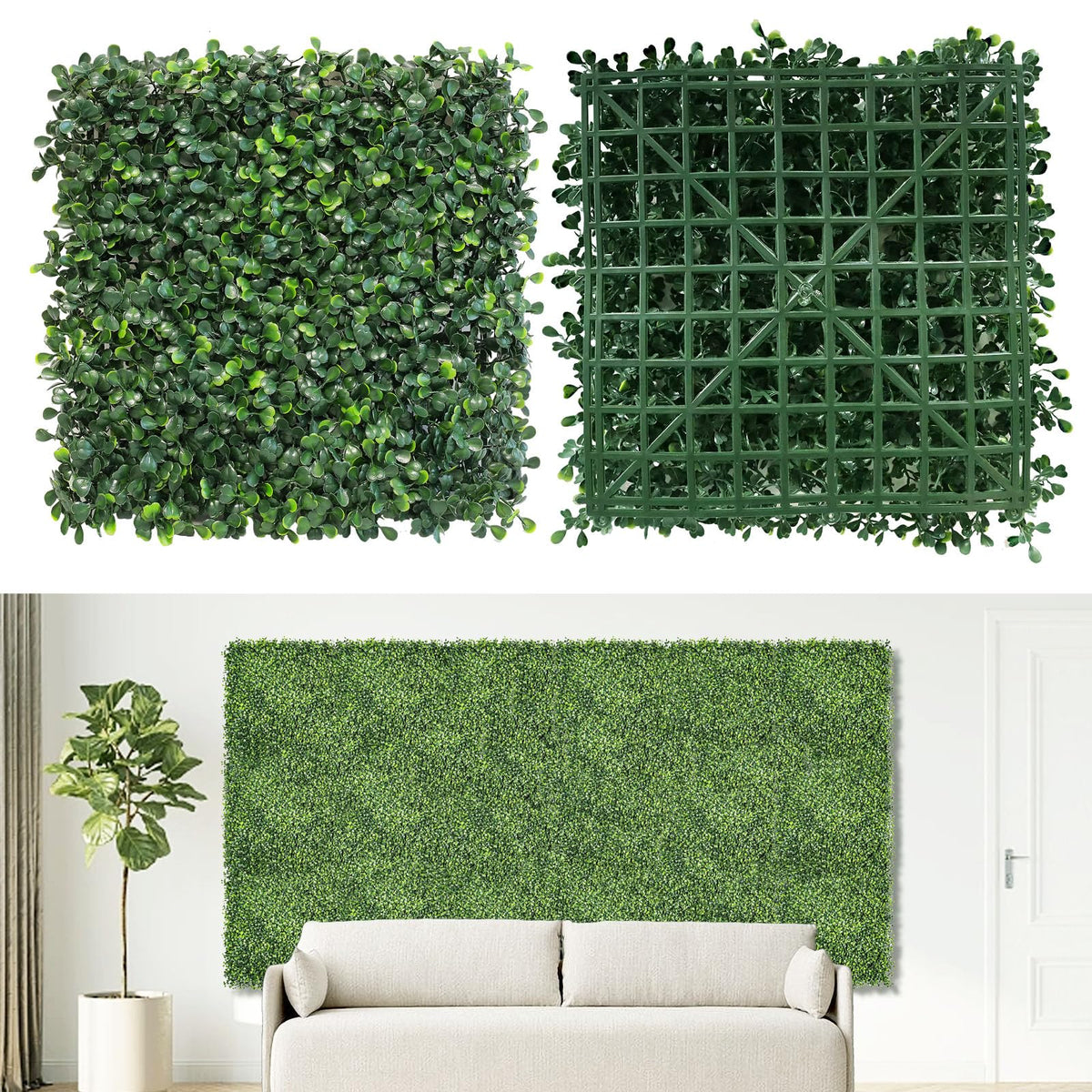 NETAP artificial grass wall panel 10x10 with dense boxwood leaves for quick indoor or outdoor greenery.