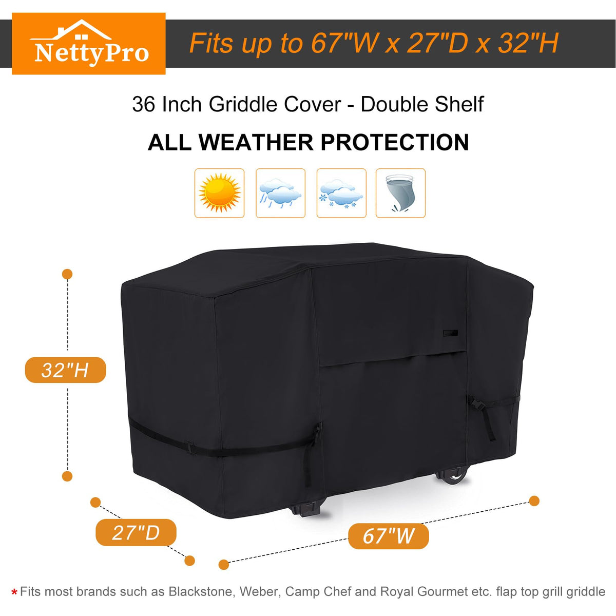 NettyPro griddle cover UV fadeproof fabric guards outdoor finish and color.