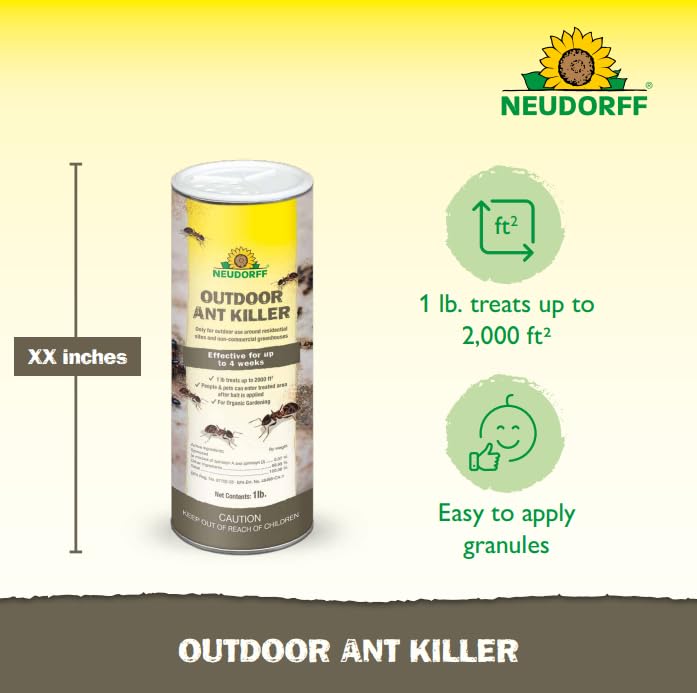 Neudorff ant bait granules in garden setting for outdoor control.