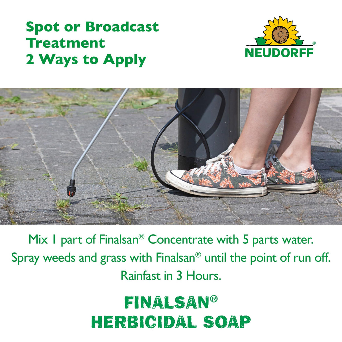 Neudorff Finalsan applied on brick and concrete surfaces for weed suppression.