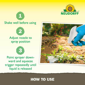 Neudorff Weed Killer non-staining formula on concrete and wood surfaces.