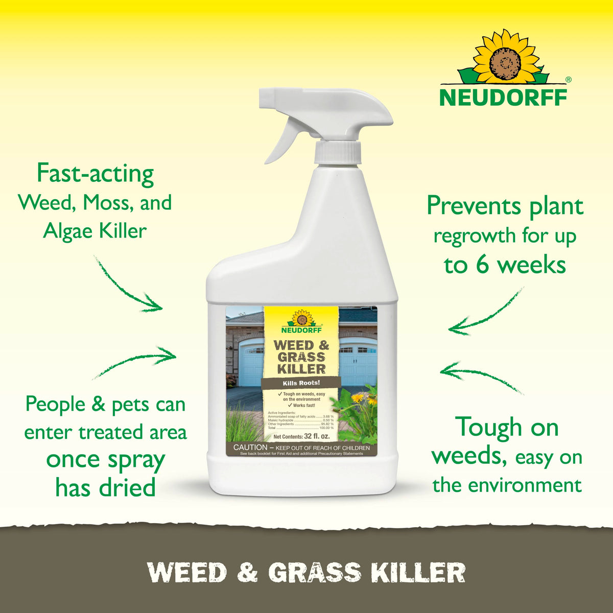 Neudorff Weed Killer on a weed patch highlights root-level penetration.