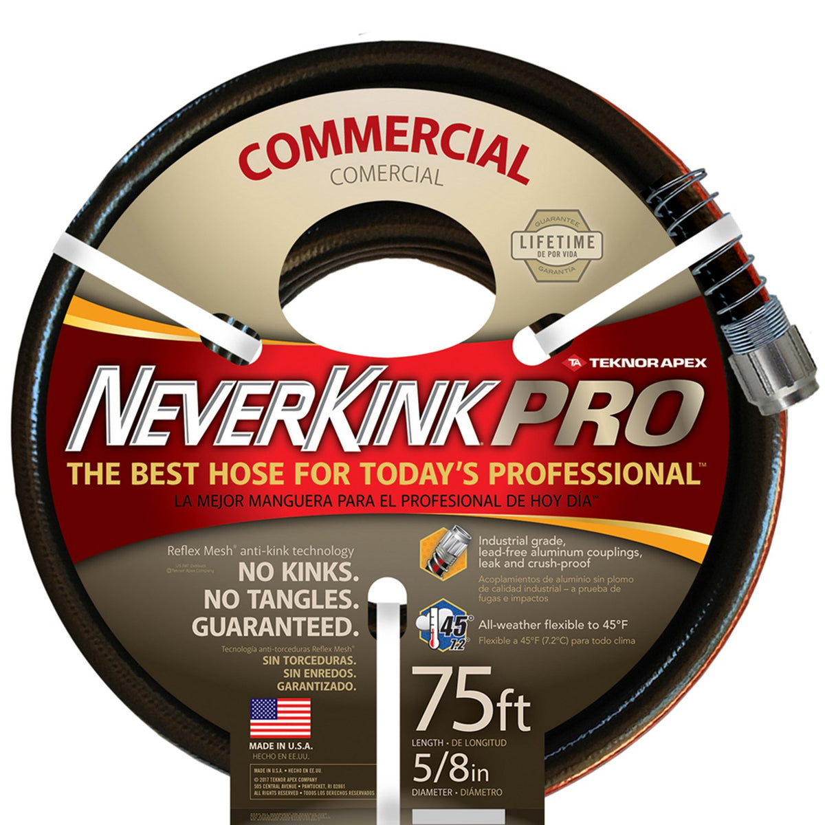 NeverKink 8844-75 PRO hose with crush-proof brass fittings for durable outdoor use.