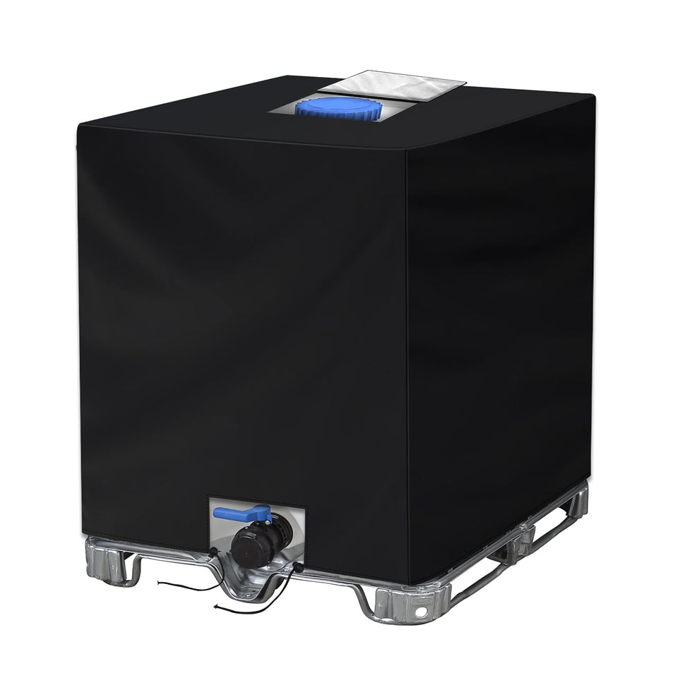 NeverLAND IBC tote cover shields a 275-gallon tank from sun and rain.