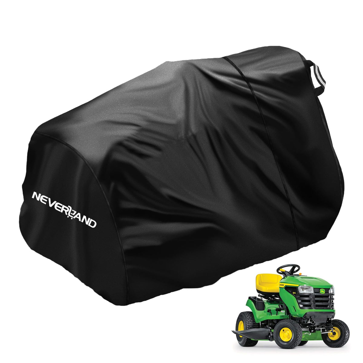 NEVERLAND riding mower cover side view showing secure buckles for windproof protection.