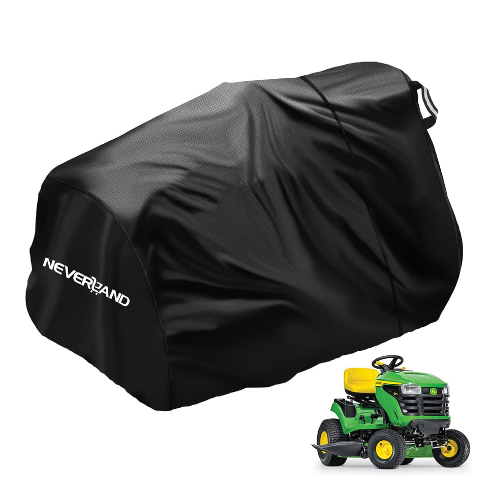 NEVERLAND riding mower cover side view showing secure buckles for windproof protection.