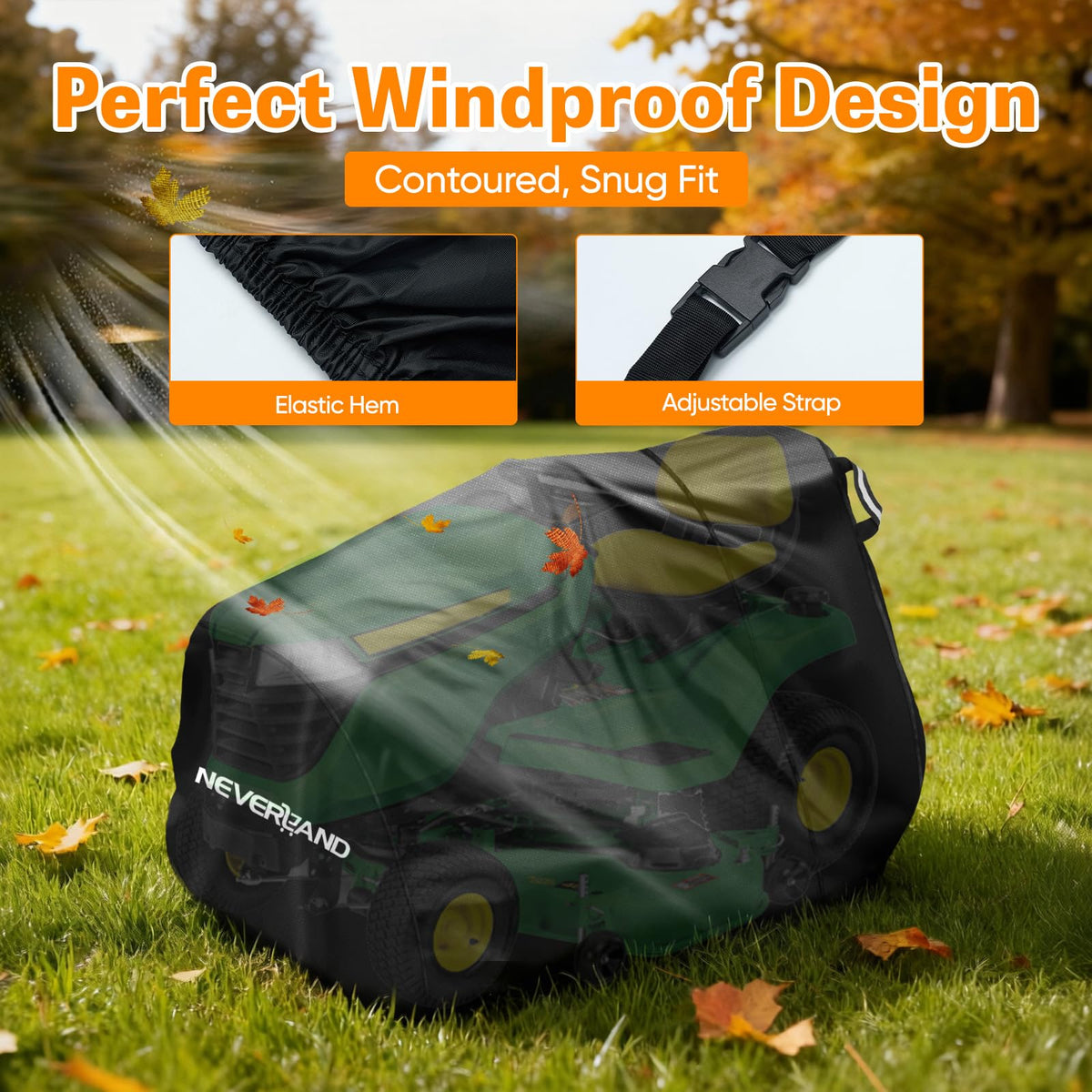 NEVERLAND 420D Oxford fabric protects a lawn tractor from rain and snow.
