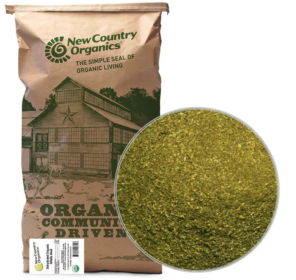 New Country Organics alfalfa meal bag front shows organic purity and non-GMO sourcing.