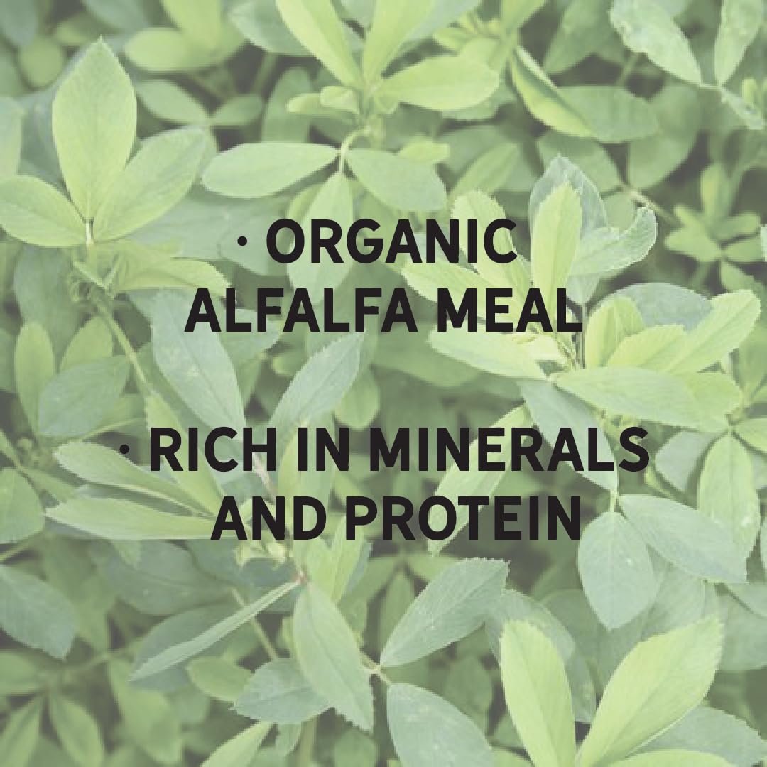 New Country Organics alfalfa meal nutrition label emphasizes certified organic and non-GMO origins.