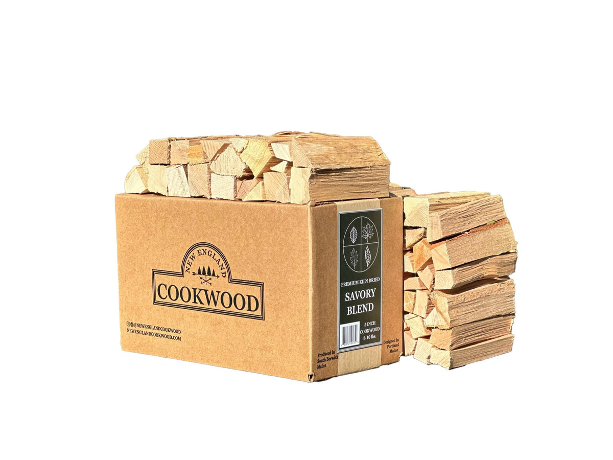 New England Cookwood Savory Blend box closed with uniform 5-inch pieces for easy grilling